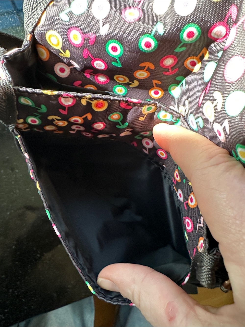 Lesportsac Black Crossbody Bag with Discontinued Multicolor Dot Floral Pattern - Picture 6 of 11